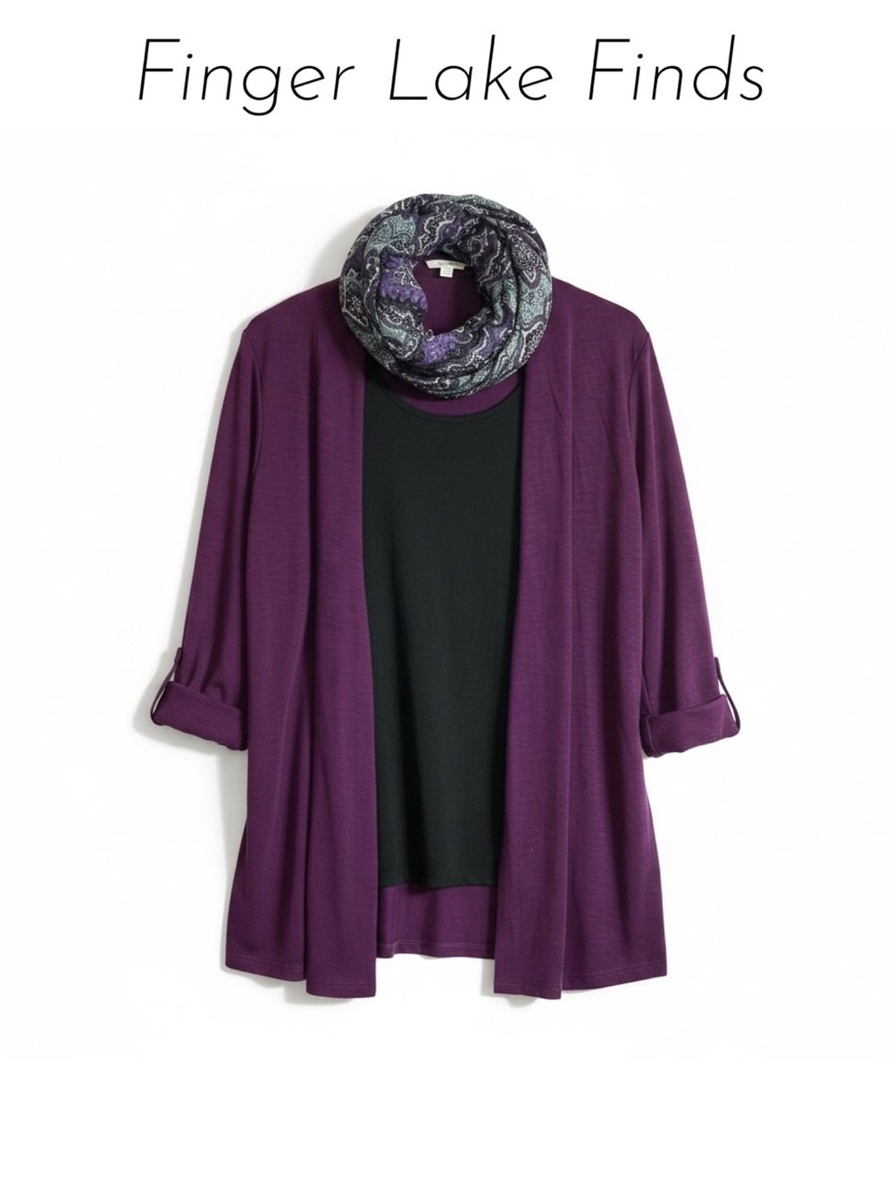 NWT Open Front Purple Cardigan with Attached Black Tank & Paisley Scarf